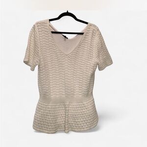 Cottagecore Boho Beach Talbots Cream Short-Sleeve Knit Peplum Crochet Top XL